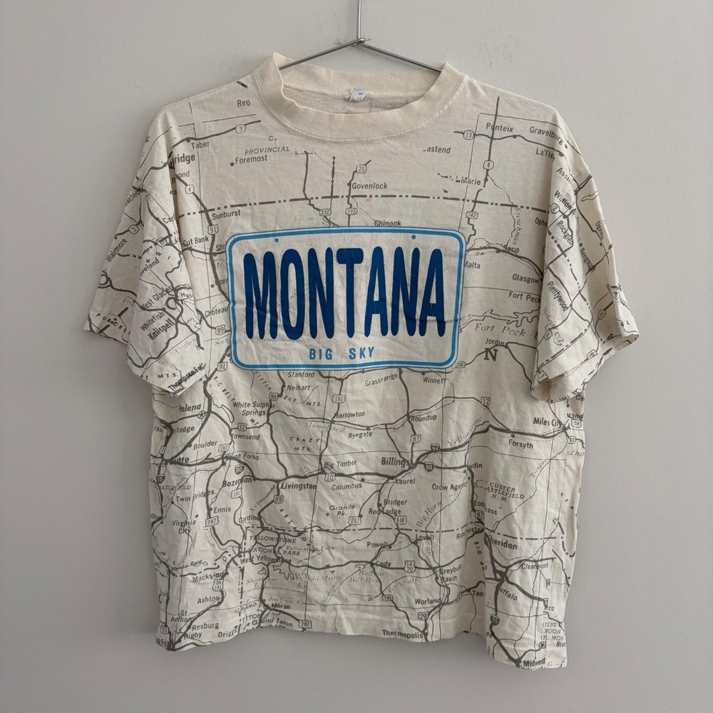 Vintage Sun Sportswear Montana Big Sky All Over Print Map T-Shirt Mens XL Cream